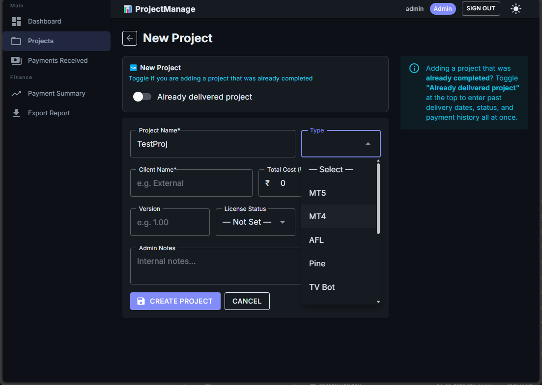 Creating a new project in the dashboard